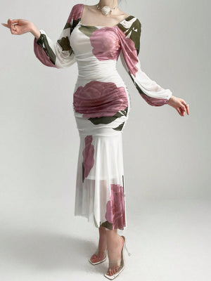 SHEIN Modely Women Fashionable And Elegant Square Collar Printed Long Dress With Waist - Negative Apparel