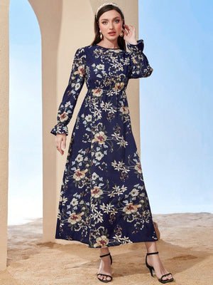 SHEIN Mulvari Floral Print Flare Sleeve Dress - Negative Apparel