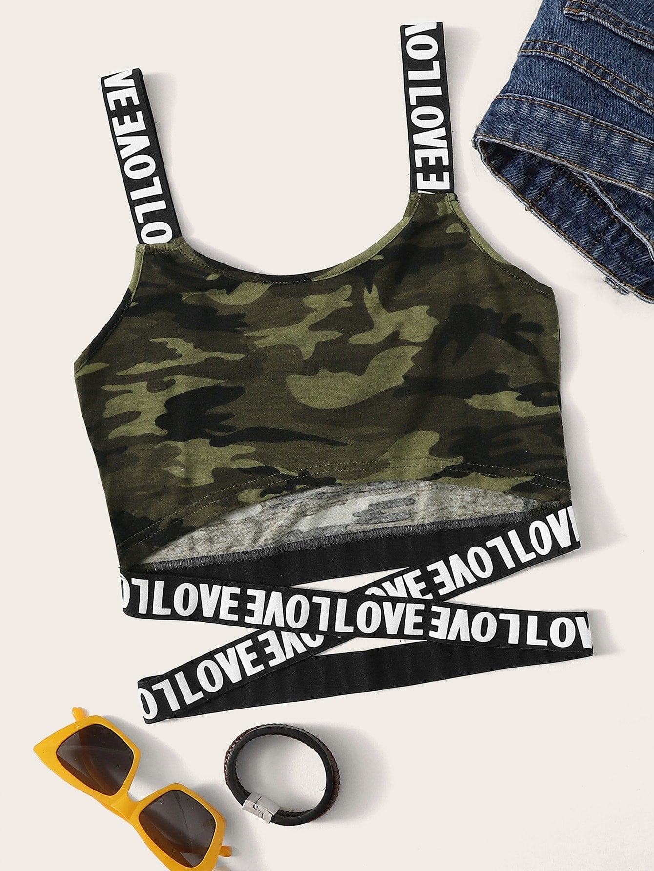SHEIN Mulvari Love Graphic Camo Print Crop Top - Negative Apparel