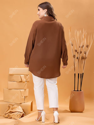 SHEIN Mulvari Plus Solid Curved Hem Blouse - Negative Apparel