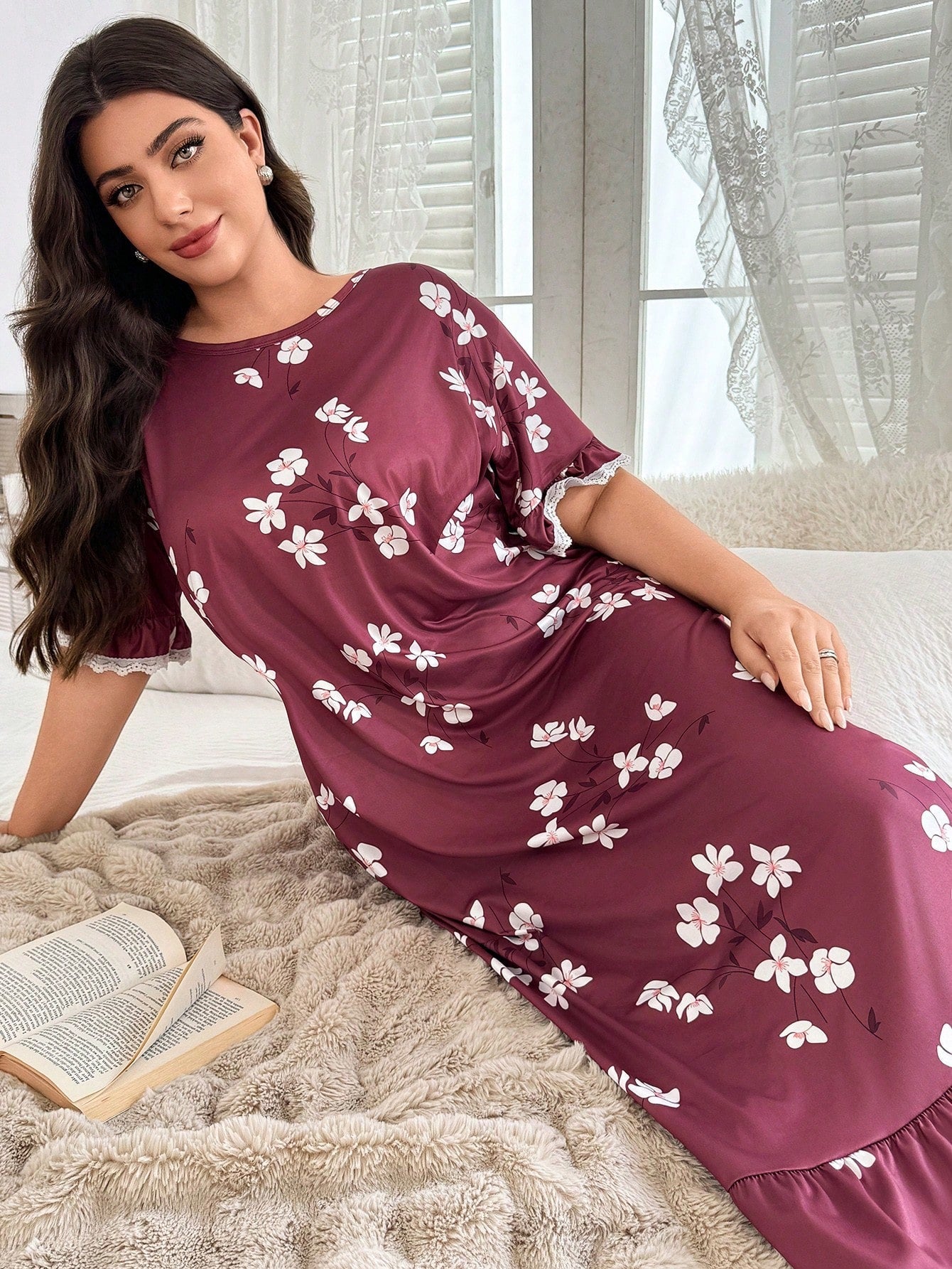 SHEIN Plus Size Floral Print Contrast Lace Hem Nightgown, - Negative Apparel