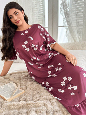 SHEIN Plus Size Floral Print Contrast Lace Hem Nightgown, - Negative Apparel