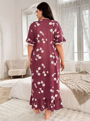 SHEIN Plus Size Floral Print Contrast Lace Hem Nightgown, - Negative Apparel