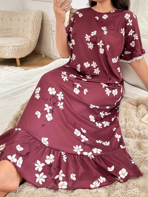 SHEIN Plus Size Floral Print Contrast Lace Hem Nightgown, - Negative Apparel