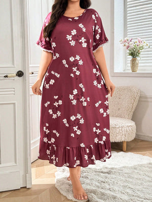 SHEIN Plus Size Floral Print Contrast Lace Hem Nightgown, - Negative Apparel
