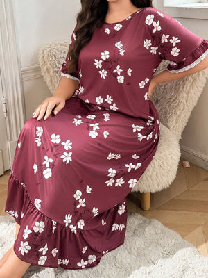 SHEIN Plus Size Floral Print Contrast Lace Hem Nightgown, - Negative Apparel