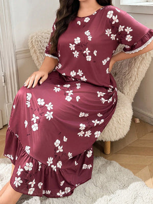 SHEIN Plus Size Floral Print Contrast Lace Hem Nightgown, - Negative Apparel