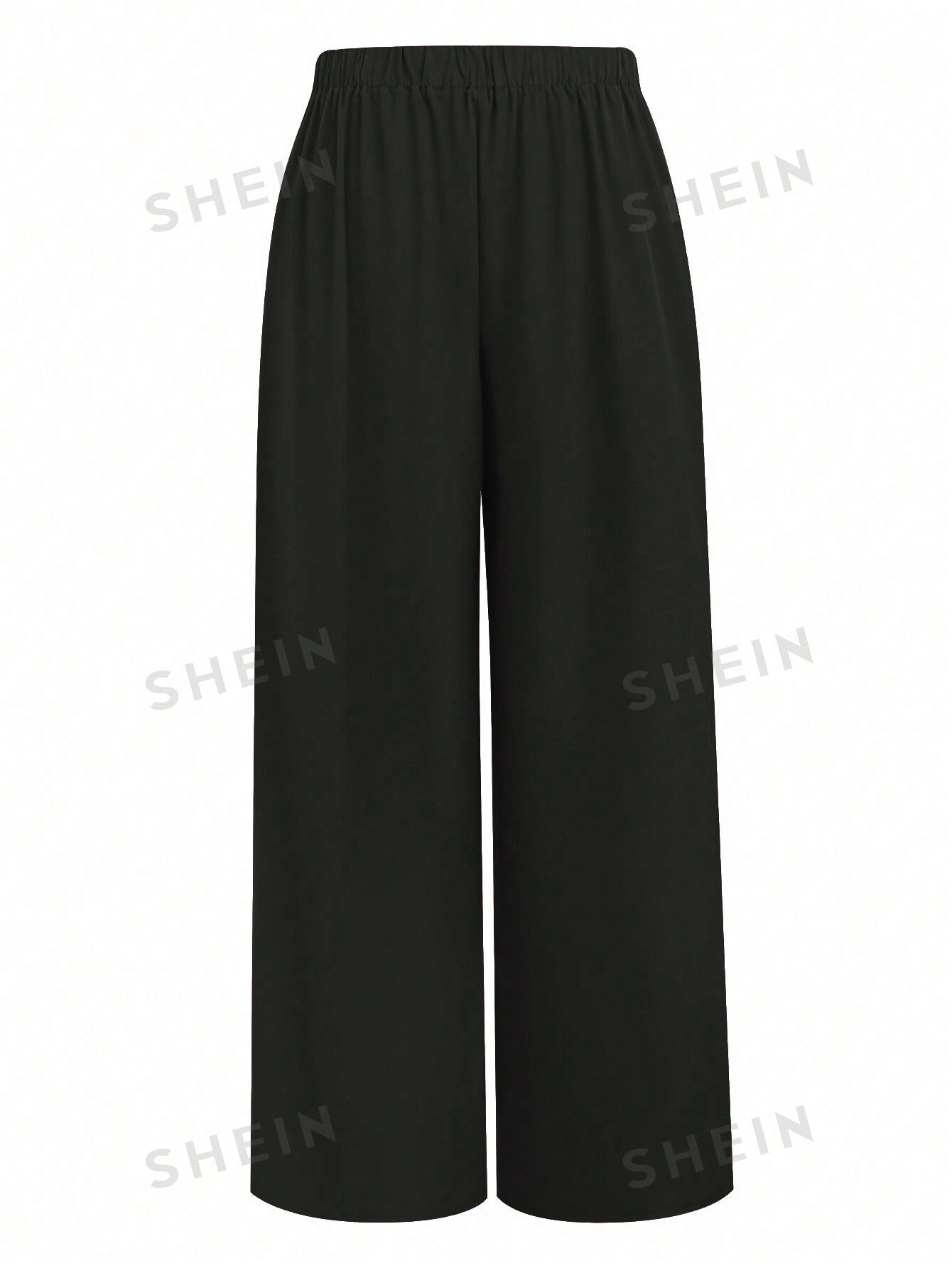 SHEIN Plus Size Women Solid Color Pleated Wide Leg Loose Pants - Negative Apparel