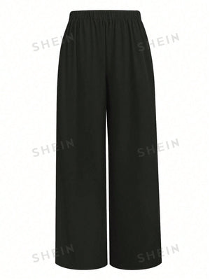 SHEIN Plus Size Women Solid Color Pleated Wide Leg Loose Pants - Negative Apparel