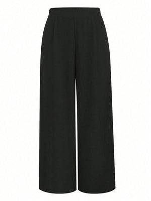 SHEIN Plus Size Women Solid Color Pleated Wide Leg Loose Pants - Negative Apparel