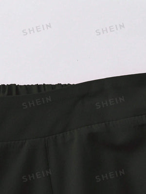 SHEIN Plus Size Women Solid Color Pleated Wide Leg Loose Pants - Negative Apparel