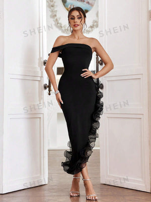 SHEIN Privé Asymmetrical Off Shoulder Dress With 3d Ruffle Decoration On The Hem - Negative Apparel