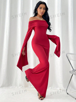 SHEIN Privé Women's Off Shoulder Folded Overlap Slit Long Sleeve Maxi Dress With Mermaid Hem - Negative Apparel
