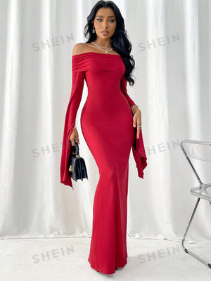 SHEIN Privé Women's Off Shoulder Folded Overlap Slit Long Sleeve Maxi Dress With Mermaid Hem - Negative Apparel