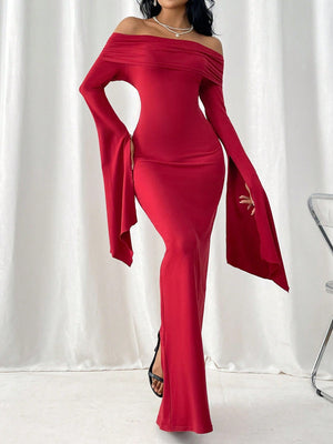 SHEIN Privé Women's Off Shoulder Folded Overlap Slit Long Sleeve Maxi Dress With Mermaid Hem - Negative Apparel