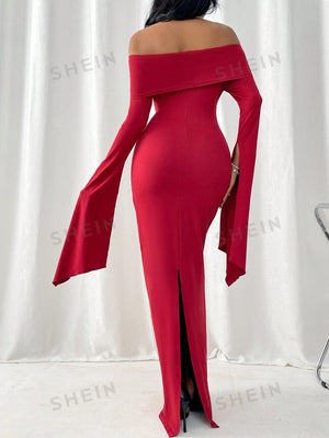 SHEIN Privé Women's Off Shoulder Folded Overlap Slit Long Sleeve Maxi Dress With Mermaid Hem - Negative Apparel