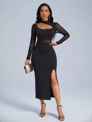 SHEIN Slayr Cut Out Front Contrast Mesh Split Thigh Dress - Negative Apparel