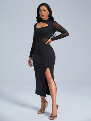 SHEIN Slayr Cut Out Front Contrast Mesh Split Thigh Dress - Negative Apparel