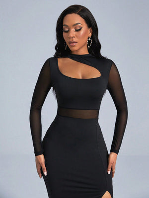 SHEIN Slayr Cut Out Front Contrast Mesh Split Thigh Dress - Negative Apparel
