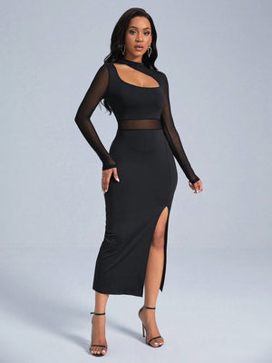 SHEIN Slayr Cut Out Front Contrast Mesh Split Thigh Dress - Negative Apparel