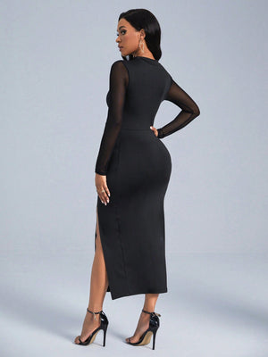 SHEIN Slayr Cut Out Front Contrast Mesh Split Thigh Dress - Negative Apparel