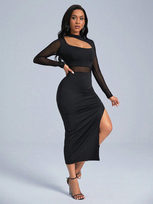 SHEIN Slayr Cut Out Front Contrast Mesh Split Thigh Dress - Negative Apparel