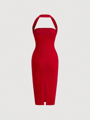 SHEIN Solid Ruched Halter Neck Backless Dress - Negative Apparel