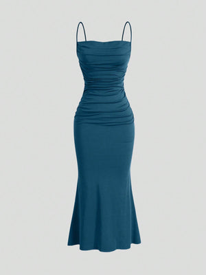 SHEIN Solid Ruched Mermaid Hem Cami Dress - Negative Apparel