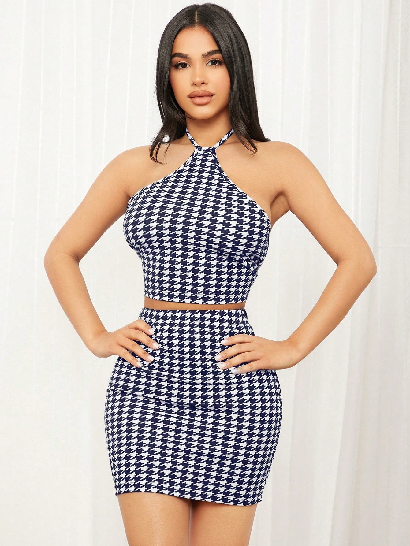 SHEIN SXY Houndstooth Print Backless Halter Top & Bodycon Skirt - Negative Apparel