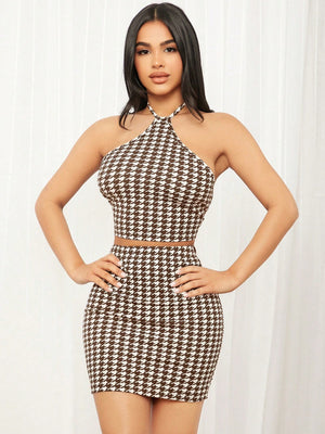 SHEIN SXY Houndstooth Print Backless Halter Top & Bodycon Skirt - Negative Apparel