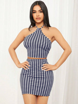 SHEIN SXY Houndstooth Print Backless Halter Top & Bodycon Skirt - Negative Apparel