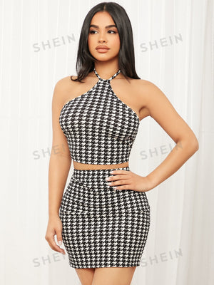SHEIN SXY Houndstooth Print Backless Halter Top & Bodycon Skirt - Negative Apparel