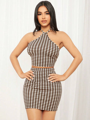 SHEIN SXY Houndstooth Print Backless Halter Top & Bodycon Skirt - Negative Apparel