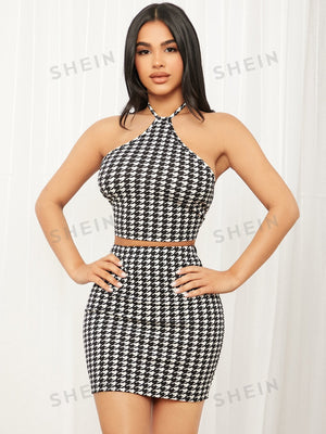 SHEIN SXY Houndstooth Print Backless Halter Top & Bodycon Skirt - Negative Apparel