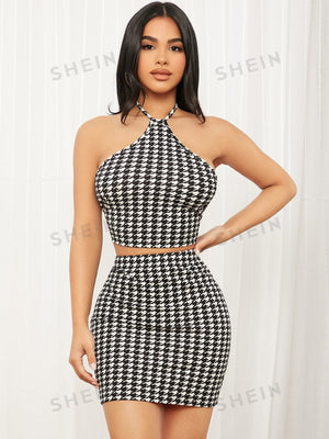 SHEIN SXY Houndstooth Print Backless Halter Top & Bodycon Skirt - Negative Apparel