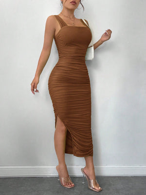 SHEIN SXY Solid Ruched Split Thigh Bodycon Dress - Negative Apparel