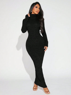 SHEIN SXY Women's Turtleneck Ribbed Knit Bodycon Fall Dress - Negative Apparel