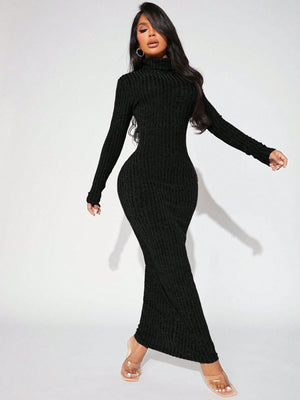 SHEIN SXY Women's Turtleneck Ribbed Knit Bodycon Fall Dress - Negative Apparel