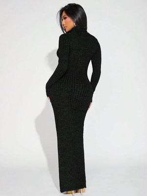 SHEIN SXY Women's Turtleneck Ribbed Knit Bodycon Fall Dress - Negative Apparel