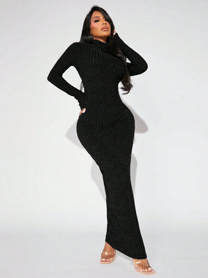SHEIN SXY Women's Turtleneck Ribbed Knit Bodycon Fall Dress - Negative Apparel