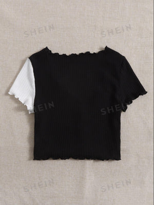 SHEIN Two Tone Lettuce Trim Tee - Negative Apparel