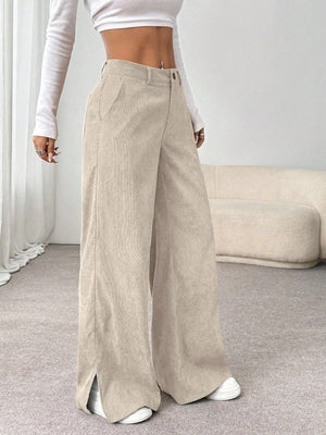 SHEIN Unity Autumn/Winter Casual Corduroy Side Slit Loose Straight Leg Maxi Pants For Women FD - Negative Apparel