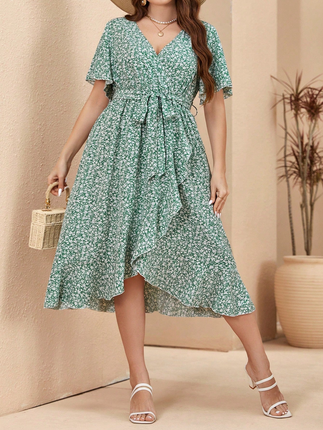 SHEIN Unity Plus Size Floral Print V-Neck Ruffle Sleeve Dres – Negative  Apparel