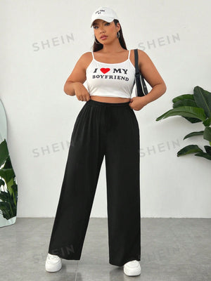 SHEIN Women's Plus Size Black Ice Silk Ultra - Thin Cool Knitted Rib Fabric Soft Smooth Anti - Static Solid Color Daily Sports Casual Pants With Pockets, Drawstring Elastic Waistband, High Waist, Straight Wide - Leg Loose Fit - Negative Apparel