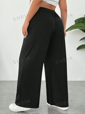 SHEIN Women's Plus Size Black Ice Silk Ultra - Thin Cool Knitted Rib Fabric Soft Smooth Anti - Static Solid Color Daily Sports Casual Pants With Pockets, Drawstring Elastic Waistband, High Waist, Straight Wide - Leg Loose Fit - Negative Apparel