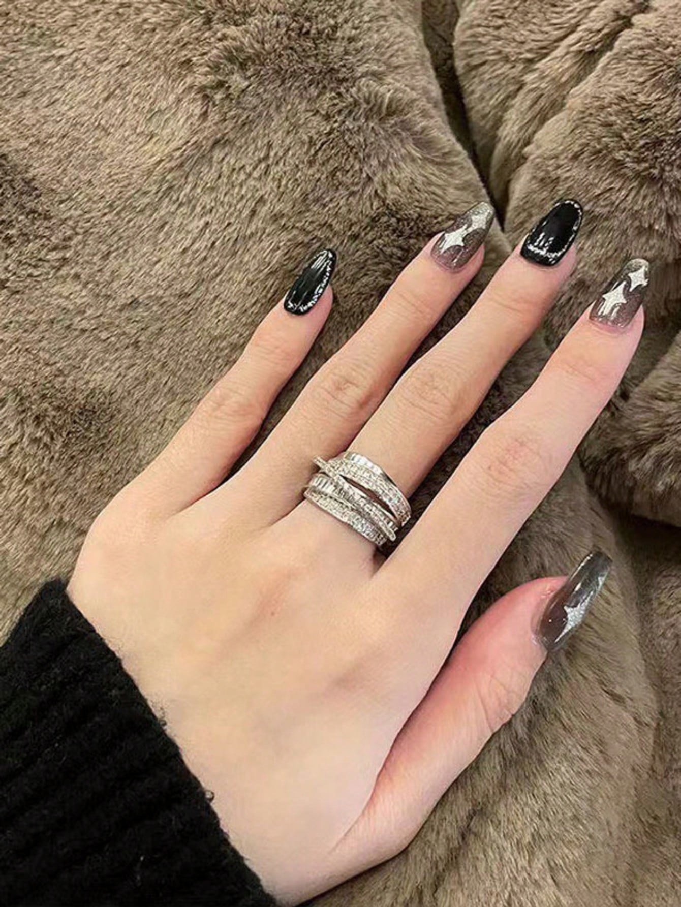 Shiny Zirconia Geometric Ring, Fashionable & Elegant Multi - Layer Line Open Ring FD - Negative Apparel