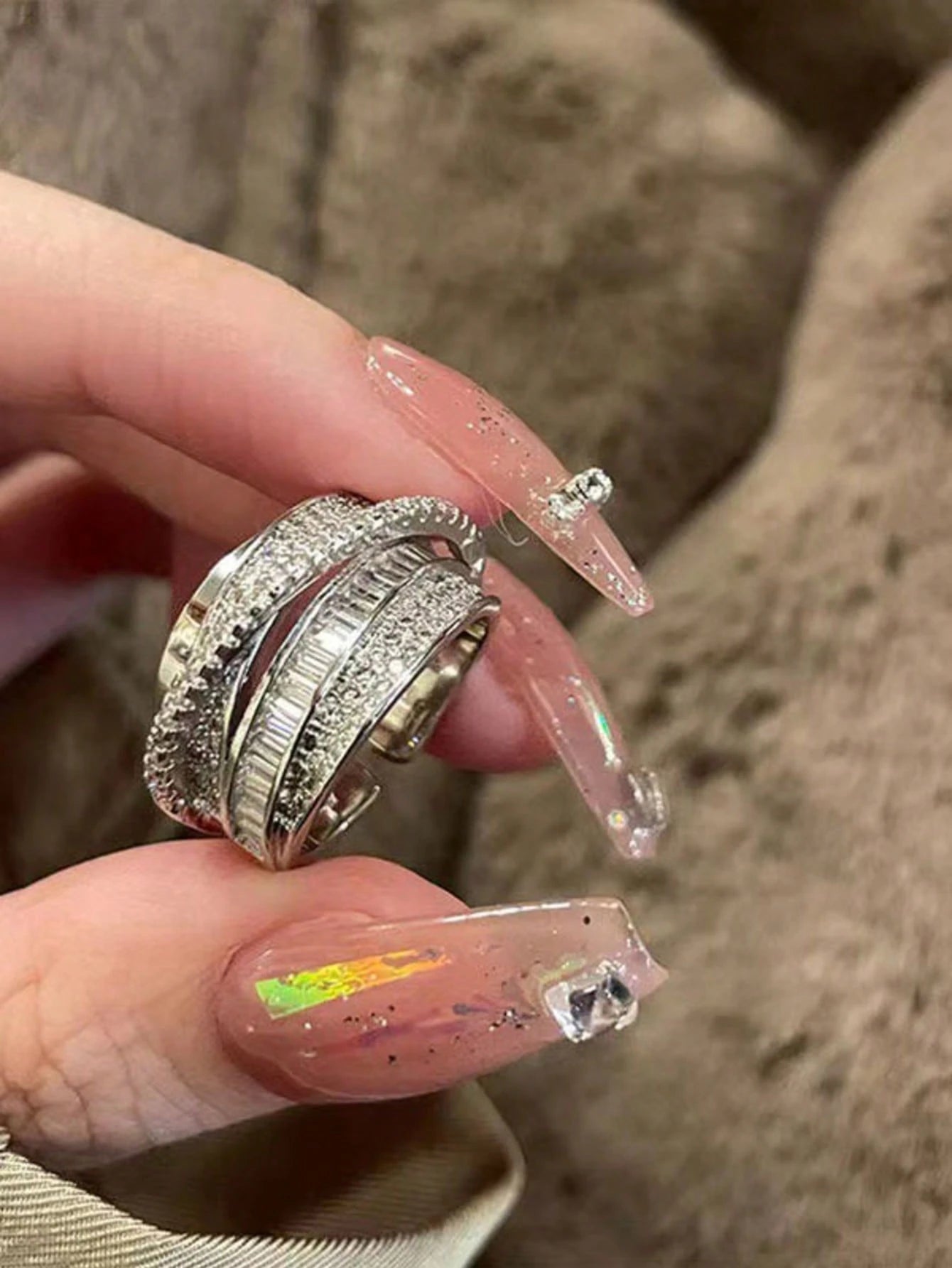 Shiny Zirconia Geometric Ring, Fashionable & Elegant Multi - Layer Line Open Ring FD - Negative Apparel