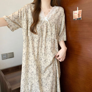 Short Sleeve Pajama Women's Spring and Summer Cotton Silk Pajamas Cotton Silk Premium Sweet Cotton Silk Pajama Dress Large Size HDF5290 - Negative Apparel