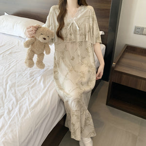 Short Sleeve Pajama Women's Spring and Summer Cotton Silk Pajamas Cotton Silk Premium Sweet Cotton Silk Pajama Dress Large Size HDF5290 - Negative Apparel