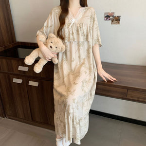 Short Sleeve Pajama Women's Spring and Summer Cotton Silk Pajamas Cotton Silk Premium Sweet Cotton Silk Pajama Dress Large Size HDF5290 - Negative Apparel
